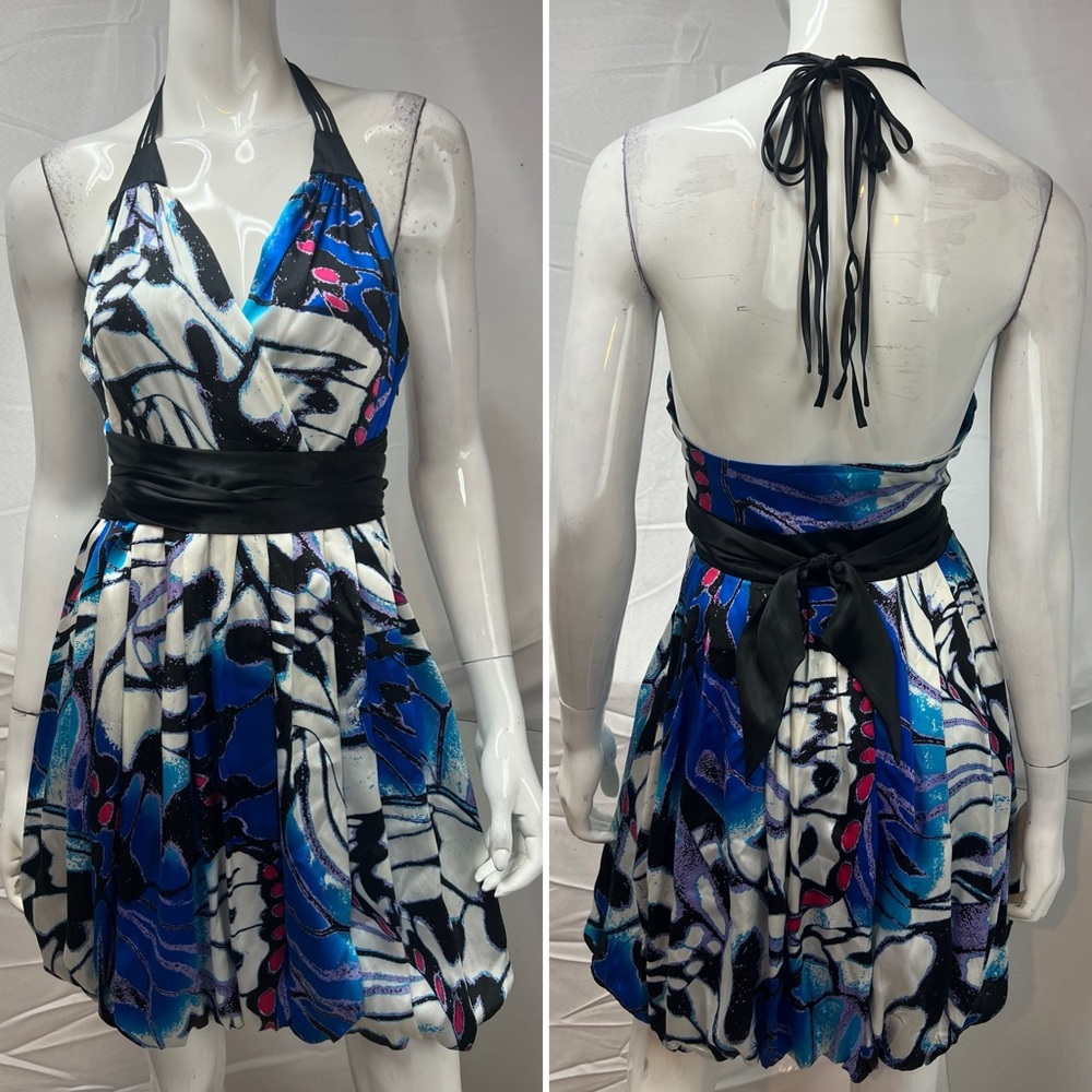 Bebe Women’s M 100% Silk Bubble Hem Halter Blue Black White Printed Dress